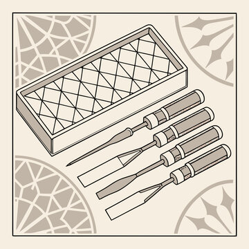 Carving Tools and Lattice Patterned Box in Tan and Brown Tones on Geometric Patterned Background