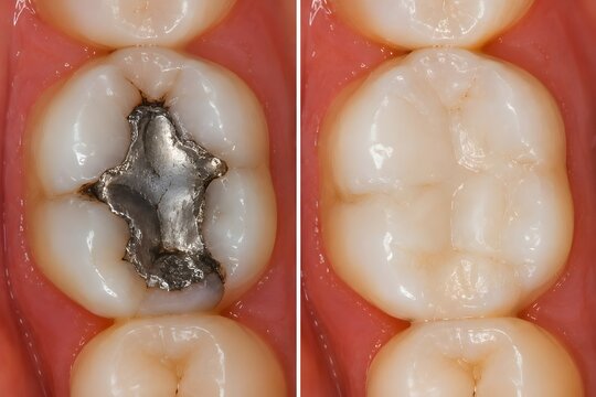 Dental filling replacement before and after dark amalgam vs composite tooth colored filling