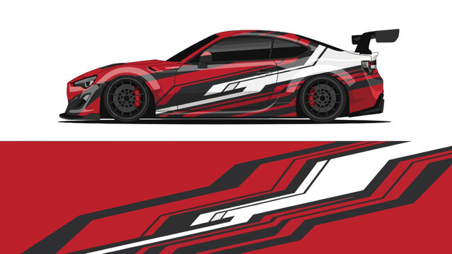 Red and white race car illustration with bold graphic decals and dynamic decals design.