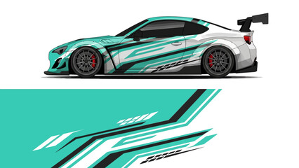 Fototapeta premium High-speed turquoise sports car with bold graphics and aerodynamic design.