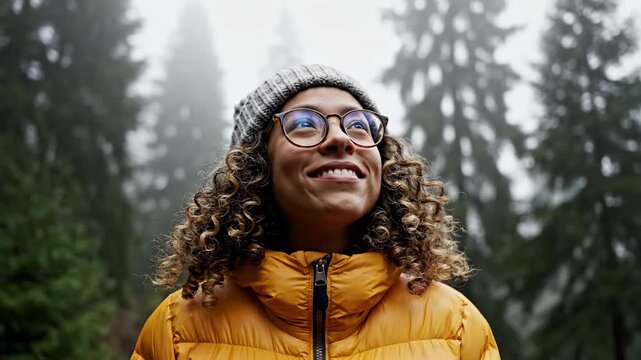 Serene Winter Adventure: Young Woman in Yellow Jacket Looking Up at Misty Pine Forest, Ideal for Travel Vlogs and Outdoor Lifestyle Content.