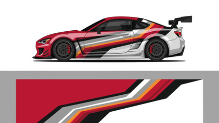Fototapeta premium Red sports car with bold racing stripes and dynamic design.