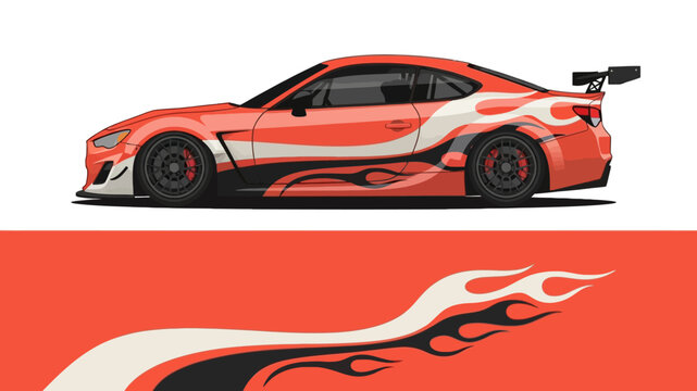 Red sports car with flame decals in profile view for racing branding.