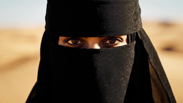 Captivating Gaze of a Middle Eastern Woman in Black Niqab Close-up in Desert Ideal for Cultural and Travel Content.