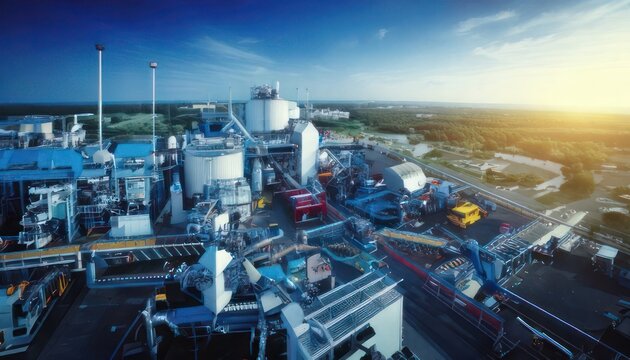 Aerial view of a modern industrial plant at sunset.
