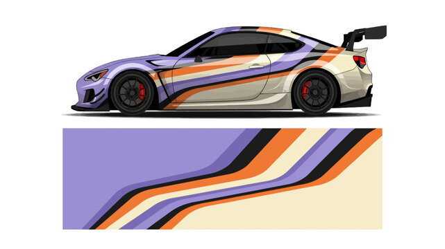 Colorful striped sport car with flowing abstract livery and spoiler across modern silhouette.