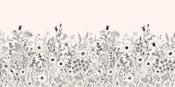 Vintage botanical floral ornament with delicate gray toned line illustration