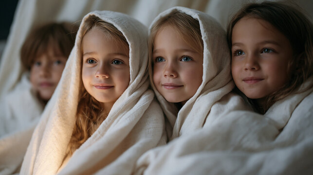 Group of children huddled under blankets in a darkened room, one using a flashlight to project hand shadows on the wall, first sleepover adventure storytelling, suburban home