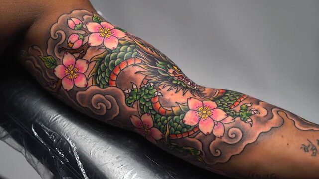 Colorful Japanese dragon and cherry blossom tattoo on arm