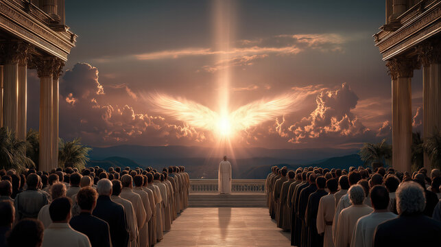 Isaiah&rsquo;s vision of heavenly throne room with radiant light, seraphim beings, and grand celestial architecture