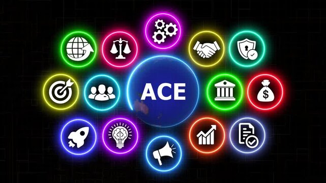 Business global ace concept motion with neon icons and earth planet.