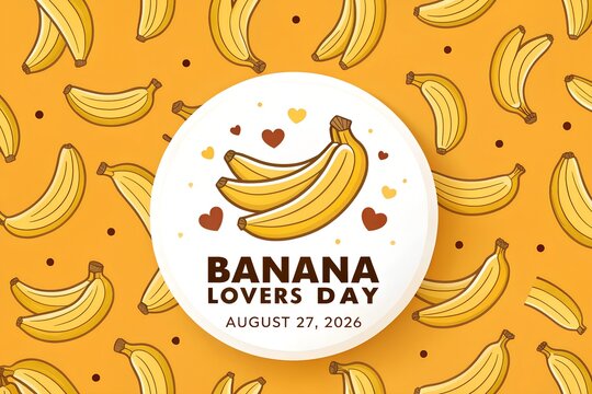 Vibrant yellow banana illustration featuring a central white circular emblem with brown text celebrating banana lovers day with small heart icons against a repeating pattern of fresh ripe fruit graphi