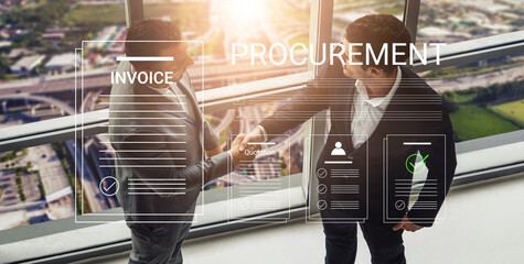 Obraz premium Business professionals engage in procurement negotiation, showcasing a handshake and digital elements representing invoices and contracts in a modern office setting. Cyphers