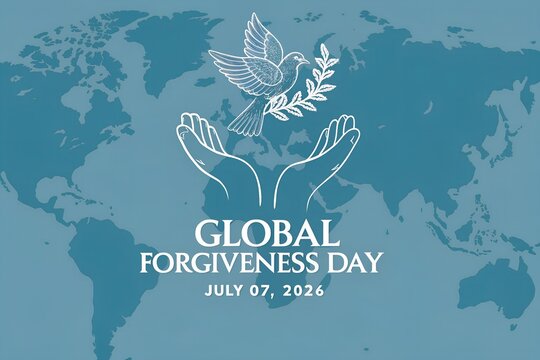 White line art illustration of a peaceful dove carrying a branch above open cupped hands set against a soft blue world map background for the annual global forgiveness day event.
