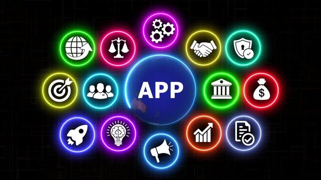 Digital application interface featuring glowing neon business icons set.