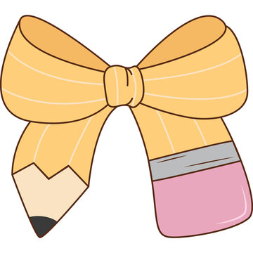 Cute pencil bow tie illustration, Drawing of a yellow pencil shaped like a ribbon bow, Back to school creative concept with pencil ribbon icon.