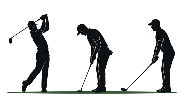 Three professional golfers in black silhouettes demonstrating different swing techniques on a clean white background surface