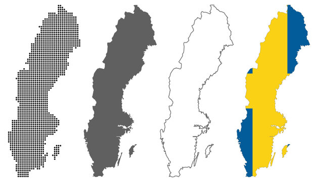 Sweden country map vector set with dotted pattern solid silhouette outline and national flag illustration