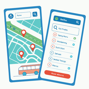 Mobile phone with map and bus icon on screen and list of bus stops, transportation network