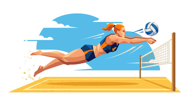 Beach volleyball player dives for ball, dynamic action illustration