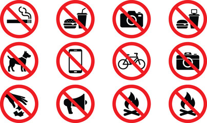 Prohibition and public warning restriction sign vector icon set featuring no smoking food cameras dogs mobile phones littering and fire © REYAD