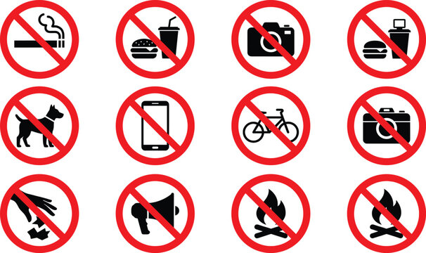 Prohibition and public warning restriction sign vector icon set featuring no smoking food cameras dogs mobile phones littering and fire