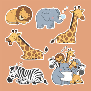 Cute sleeping safari animals sticker pack with lion and elephant