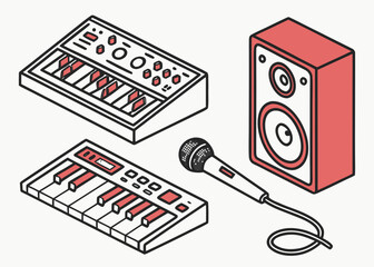 Red Synthesizer Keyboards Studio Monitor and Wired Microphone Set on Plain Light Surface © cu