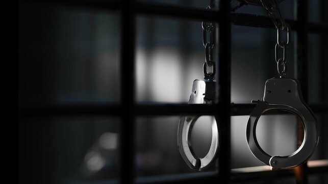 Criminal justice concept, a handcuffs attached to black prison bars, dark blurred detention background, investigative journalism theme,law enforcement and legal system concept, space for breaking news