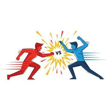 Red vs Blue figures clashing, competition concept, vector illustration