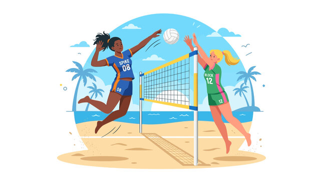 Beach Volleyball Players Competing by the Sea with Palm Trees