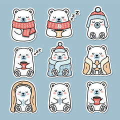 Obraz premium Cute polar bear sticker pack with cozy winter accessories