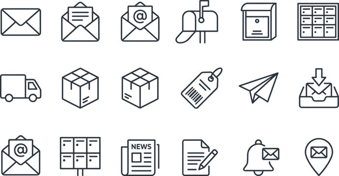 Logistics Shipping and Digital Mail Line Icon Set with Delivery Trucks, Parcels, Post Boxes, and Envelopes for E-commerce Websites and Contact Pages
