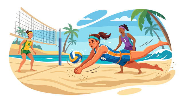 Beach volleyball players in action, sporty women diving for ball on sandy court, tropical setting.