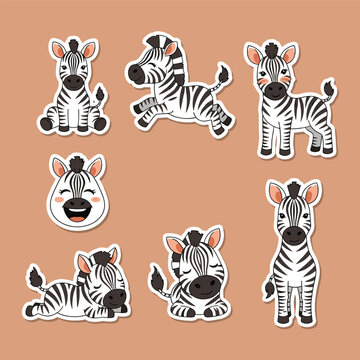 Cute zebra sticker pack featuring various playful poses