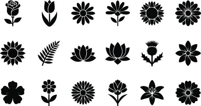 Black silhouette vector set of leaves trees and floral decorative elements collection