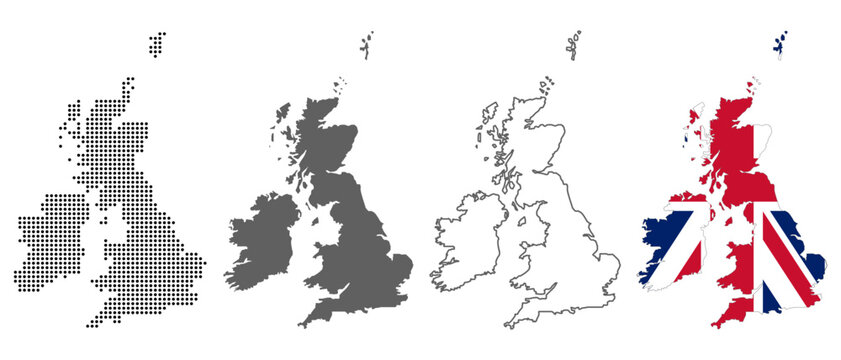 United Kingdom country map vector set with dotted pattern solid silhouette outline and national flag illustration