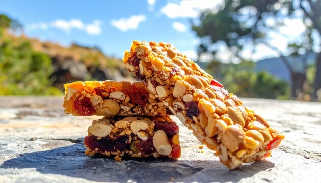Stacked fruit and nut bars bursting with visible crunchy ingredients outdoors on a sunny day