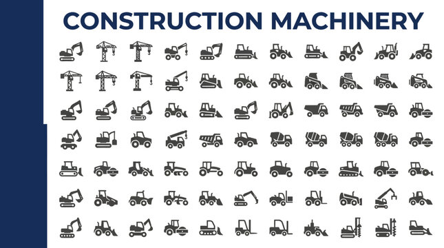 Collection of various construction machinery icons presented in a grid format