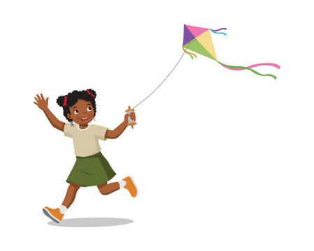 Little African girl playing kite running holding the line flying the kite
