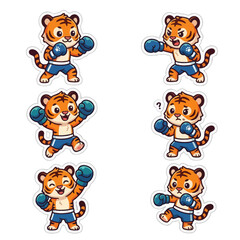 Naklejka premium Vector Icon Cute cartoon tiger boxer set with different poses and expressions. EPS Editable