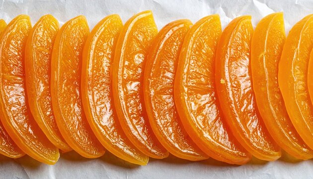 Shiny Candied Orange Peels Arranged in a Neat Row, Showcasing Their Sweet Texture and Vibrant Color