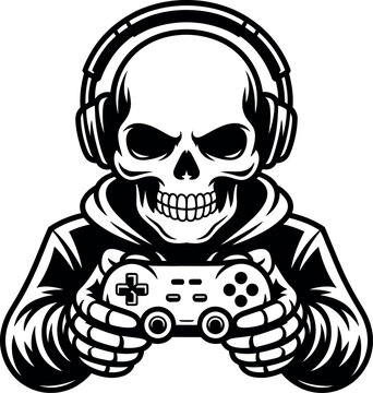 Gaming Skull Mascot with Controller Vector Illustration, Skull Gamer with Headset Monochrome Vector