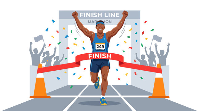 Marathon runner crossing finish line with confetti and cheering crowd