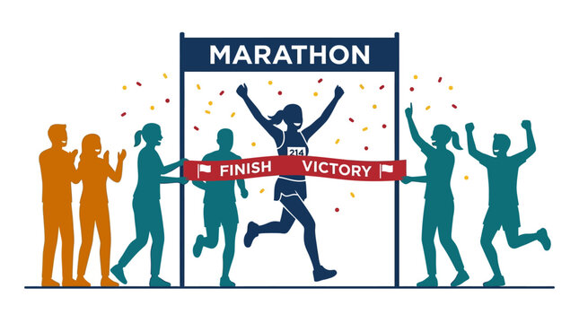 Marathon Winner Crossing Finish Line with Confetti and Cheering Crowd