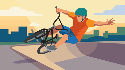 Naklejka premium BMX rider performing trick in skatepark with city skyline background