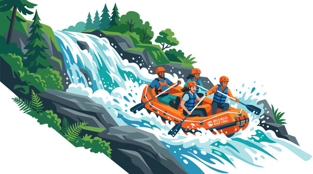 Rafting Adventure: People on Boat Descending Waterfall in Nature