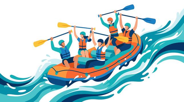 Rafting Team Excitement: People Paddling Inflatable Boat Downstream