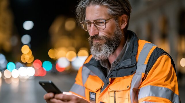 Middle aged man with a beard wearing high visibility jacket looking at his mobile phone screen