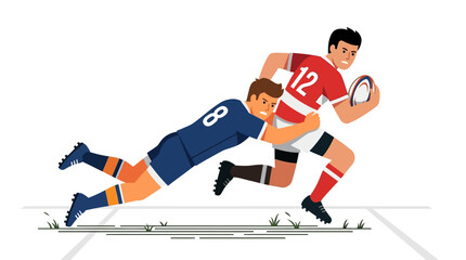 Fototapeta premium Rugby Player Tackling Opponent with Ball - Action Illustration